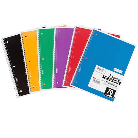 Mead Spiral 1 Subject Notebook, Wide Ruled, 70 Sheets Per Book, PK6, Recommended Grade: 6+ MEA05512